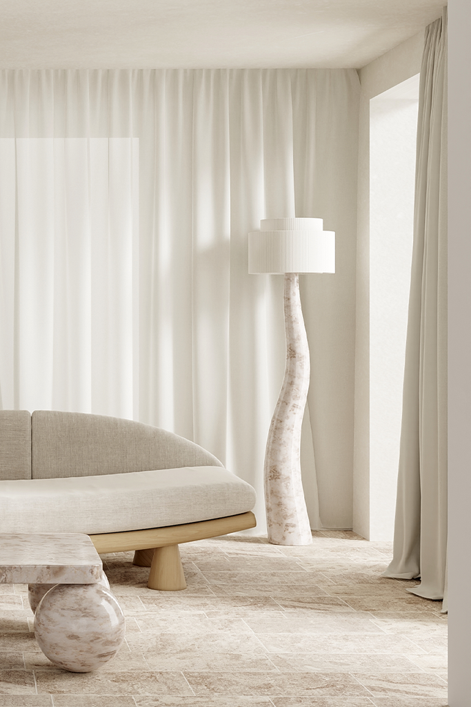 Nola Floor Lamp – Crema Marble & Chalk Corduroy